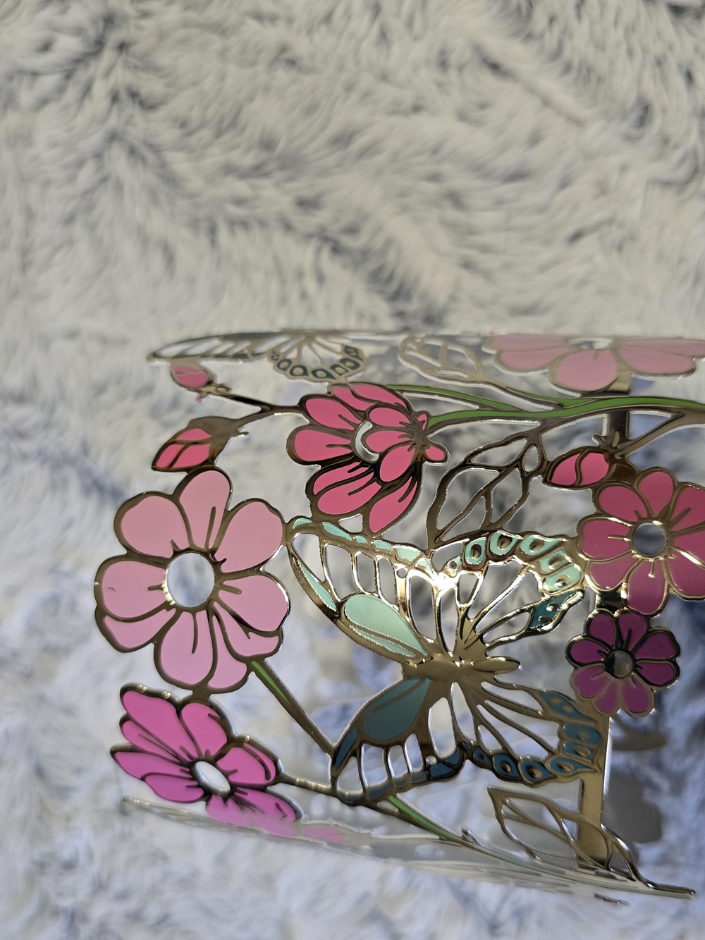 Bath & Body Works 3-Wick Candle Holder Metal Silver Floral Butterfly Large